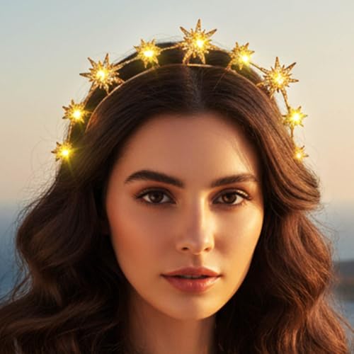 DRESBE Light Up Greek Goddess Headband New Year LED Star Crown Headbands Glow NYE Party Hair Accessories for Women (Gold)
