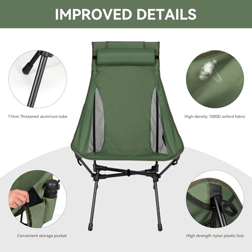 diwaite Portable High Back Camping Chair, Support Heavy Duty 440 lbs, Compact Folding Backpacking Chair with Detachable Pi...