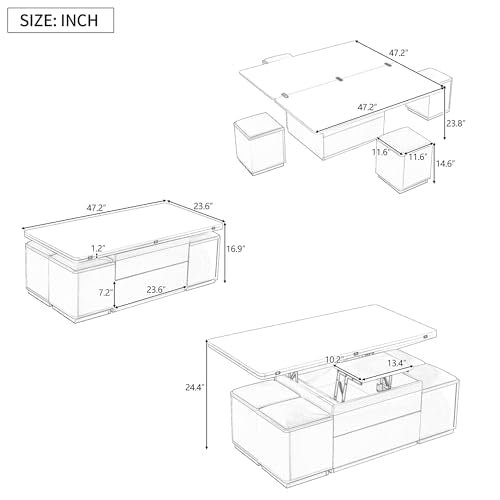 HomVent 47.72" Lift-Top Coffee Table, Wood Coffee Tables with 4 Storage Stools, Modern Couch Side Table, Space Saving Center Cocktail Table with Foldable Top for Living Room Bedroom