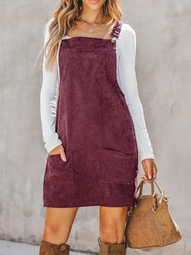 CUPSHE Women Corduroy Fall Dresses Front Bib Pocket Square Neck Wide Strap Casual Overall Mini Dress