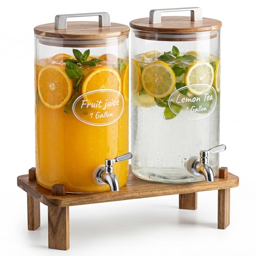 MerryNine 2PCS 1.1 Gallon Glass Drink Dispensers for Parties with Wood Stand, Punch Borosilicate Glass Beverage Dispenser,...