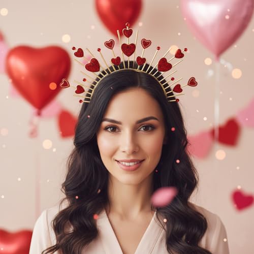 Cohortstar Valentine’s Day Glitter Heart Headband Cupid Arrow Tiara Head Bopper for Women Red Rhinestone Hair Accessories ...