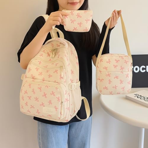 3-Piece Artistic Heart Print Backpack Set - Large Capacity Casual Travel Bag with Lunch Box and Case - Korean Style Daypac...