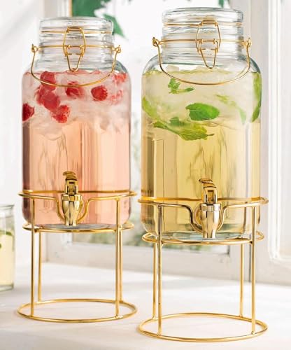 Drink Dispensers for Parties, 2 Pack 1 Gallon Beverage Dispenser with Stand, Drink Dispenser With Glass Lid, juice dispens...