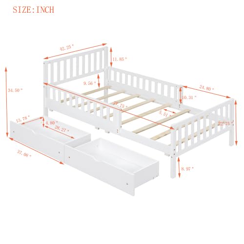Bellemave Kids Twin Bed Frame with Storage Drawers and Both Sides Guardrails, Kids Platform Bed with Headboard and Slat Support, White