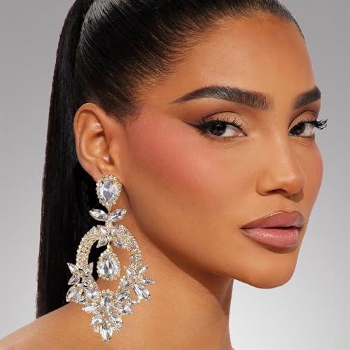 Silver Chandelier Earrings for Women Trendy, Oversized Big Crystal Rhinestone Statement Earrings Dangling Formal Pageant E...
