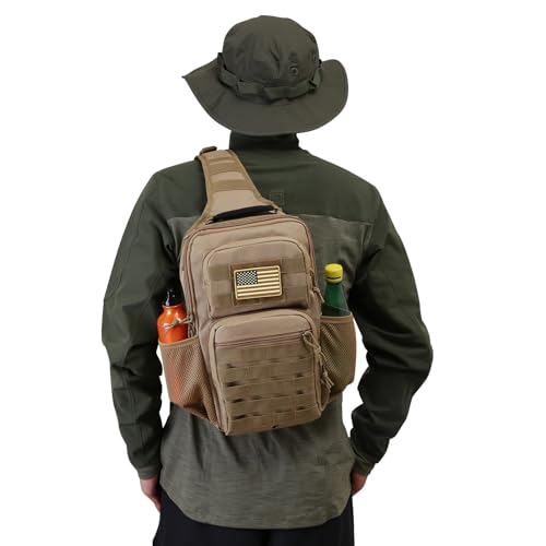 Large Rover Sling Pack Tactical Shoulder Sling Bag Backpack with Bottle Holder Crossbody Chest Bag, Coyote