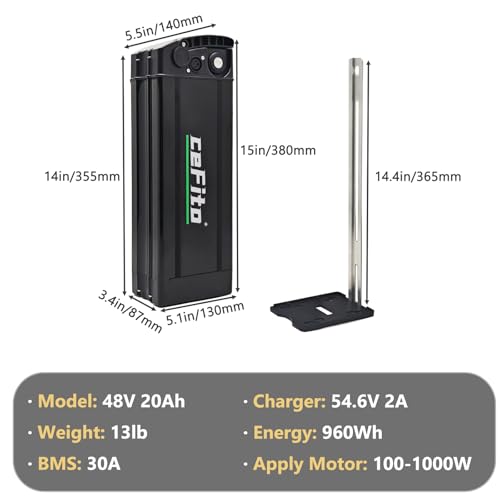 Cefito 48V 20Ah 13Ah Ebike Lithium Battery 48 Volt Folding Ebike Replacement Battery with 2A Fast Charger for 100W 250W 350W 500W 700W 1000W Folding Electric Bike Motors(48V 20Ah)