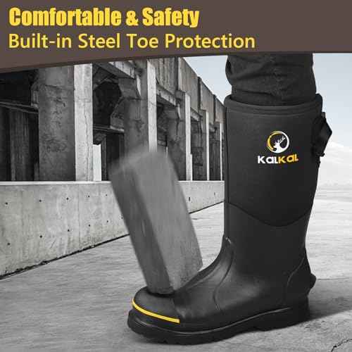 Kalkal Steel Toe Rubber Boots for Men - Waterproof Anti Slip Work Boots 6mm Neoprene Rain Boot Durable Hunting Boots with Steel Shank for Farming Gardening Construction Outdoor Work Black Size 9