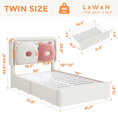 Twin Bed Frame with Boucle Upholstered Headboard, Girls Bed with 2 Drawers, Solid Wood Slats Support, No Box Spring Needed/Easy Assembly, White Twin Bed