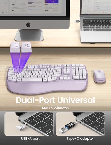 Purple Ergonomic Wireless Keyboard and Mouse Combo, Sablute 2.4G Full Size Ergo Wave Key Board with Cushioned Plam Rest, N...