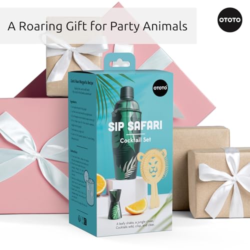 New - OTOTO Sip Safari Jungle Cocktail Shaker Set - Bartender Kit with Lion Cap, Bar Cart Accessories, Bartender Bar Acces...