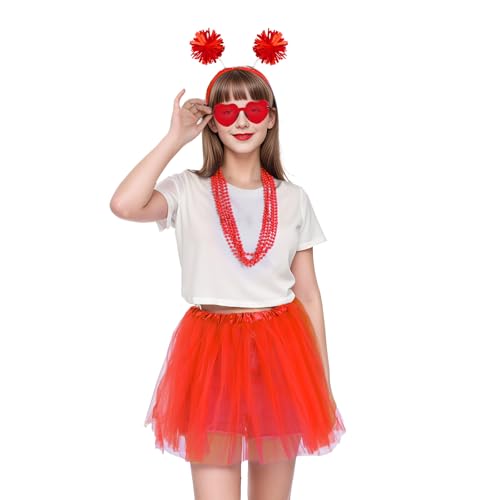 Sucrain Tutu Costume Accessories Set, Spirit Day Pom Pom Headband Necklaces Heart Sunglasses Tutu Wear for Women Party