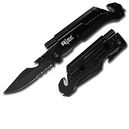 9" Tactical Spring Assisted Red Survival 7 in 1 Rescue Pocket Knife LED Light Fire Starter Blade Sharpener Bottle Opener G...