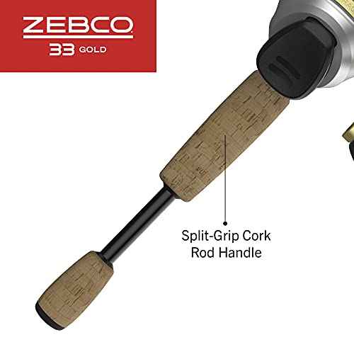Zebco 33 Gold Spincast Reel and 2-Piece Fishing Rod Combo, Fiberglass Rod with Comfortable Split-Grip Cork Handle, Instant Anti-Reverse Fishing Reel
