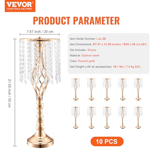 VEVOR 10PCS 55cm/21.65” Tall Crystal Wedding Flower Stand, Metal Wedding Centerpiece Vase, Gold Flower Holders Floral Disp...