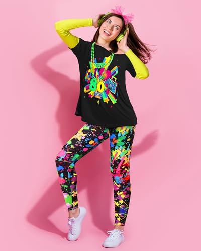 Vinsatin 16 Pcs 80s Costume Outfits Accessories Women T Shirt Legging Pants Gloves Earrings Necklace Bracelets Hairband Sets