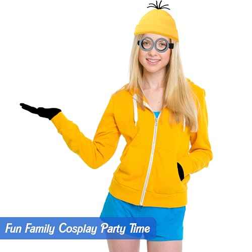 4 Pcs Halloween Yellow Costume Accessories for Adult, Yellow Beanie Hats, Goggles Glasses, Elastic Black Gloves for Halloween Dress Up Men Women Cosplay Party