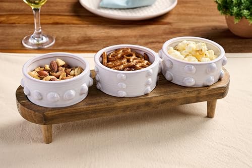 Mud Pie Beaded Dip Bowl Wood Board; Stand 5" X 7" | Dip 2" X 4" Dia
