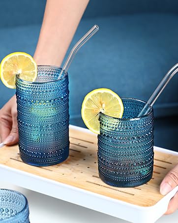 KMIGRUAN Hobnail Drinking Glasses Set of 6,12oz Blue Vintage Glassware,Cocktail Glasses,Embossed Glass Cups,Water Tumbler ...
