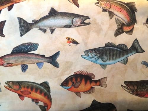 Fish Tails Frresh Water Fish and Ocean Fish with Flies On Cream Cotton Fabric QT 30067