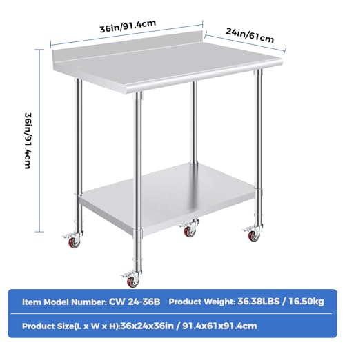 OSTBA Stainless Steel Table for Prep & Work 24x36 Inches with Casters Wheels and Backsplash, NSF Metal Commercial Heavy Duty Table with Adjustable Undershelf for Restaurant Kitchen Home and Hotel