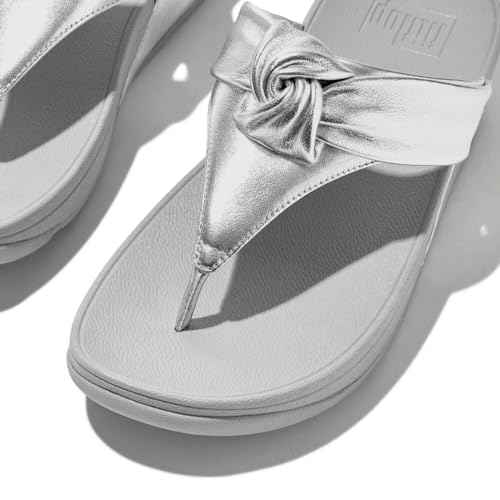 FitFlop Women's Lulu Padded-Knot Metallic-Leather Toe-Post Sandals Silver 7 Medium