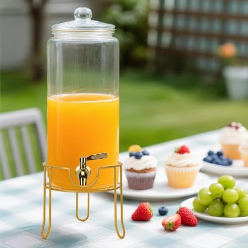Glass Drink Dispensers For Parties, 1.5 Gallon Beverage Dispenser With Glass Airtight Lids, Gold Metal Stand And Stainless...