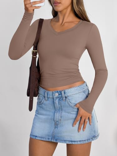 Trendy Queen Long Sleeve Shirts for Women 2026 Fall Fashion V Neck Basics Crop Tops Slim Fitted Y2K Tops Outfits Clothes