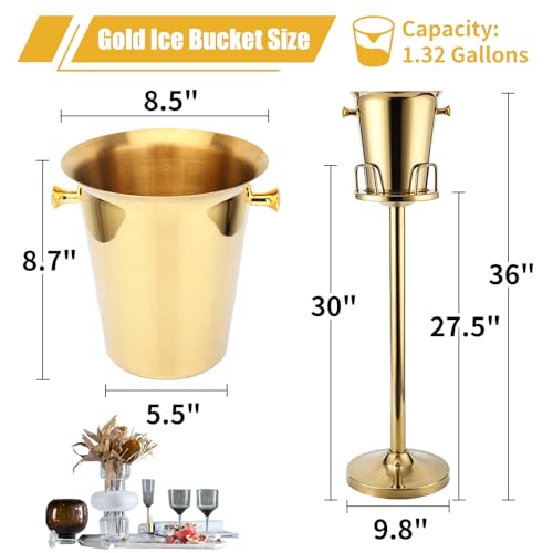 Gold Ice Bucket with Stand, large Champagne Ice Bucket 1.32 gal, Stainless Steel Ice Bucket, 3Ft Tall Ice Bucket for Cockt...