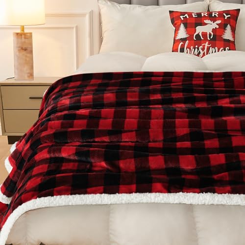 BEAUTEX Christmas Sherpa Fleece Throw Blanket, Super Soft Warm Buffalo Plaid Plush Blankets and Throws, Warm Winter Cozy F...