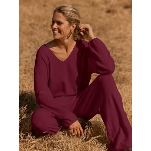 MEROKEETY Women's 2 Piece Outfits Lounge Sets Fall Winter Long Sleeve Knit Sweater Wide Leg Pant Matching Set