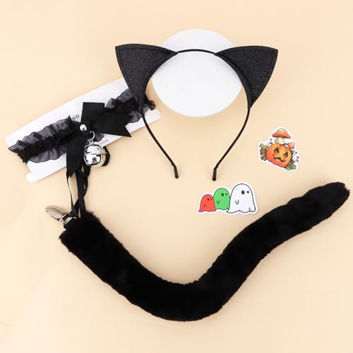 GAFATORY Black Cat Costume with Tail And Bell Collar Set Cat Ears for Women Cat Ears Costume for Halloween Cosplay Party