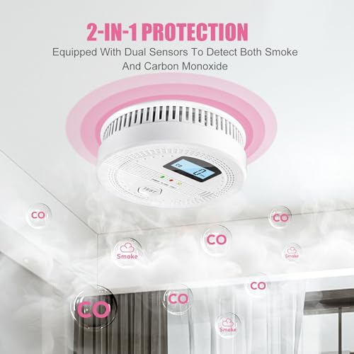 4 Packs Smoke and Carbon Monoxide Detectors, 2 in 1 CO & Smoke Fire Alarm for Home,Smoke Combination CO Alarm with LCD Display,Replaceable Battery Operated, Easy to Install