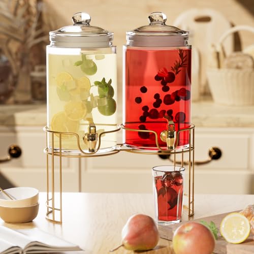 Glass Drink Dispensers For Parties, 2 PACK 1 Gallon Beverage Dispenser With Lids, Gold Metal Stand And Spigot 100% Leak pr...