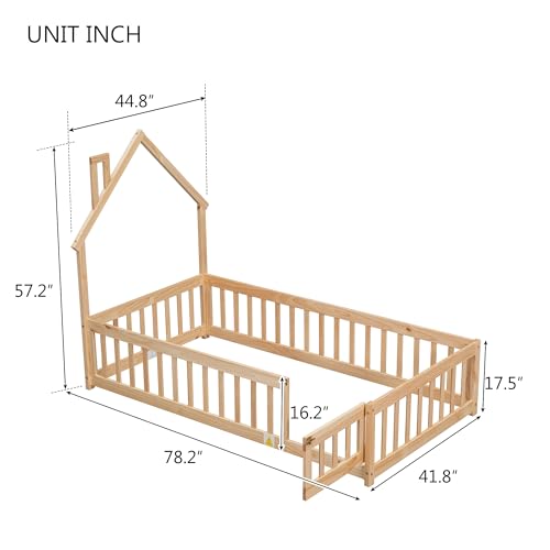 Lighluxstly Twin Size Montessori Floor Bed with Fence and Door, House-Shaped Headboard Floor Bed with Full-Length Guardrails, Floor House Bed for Teens