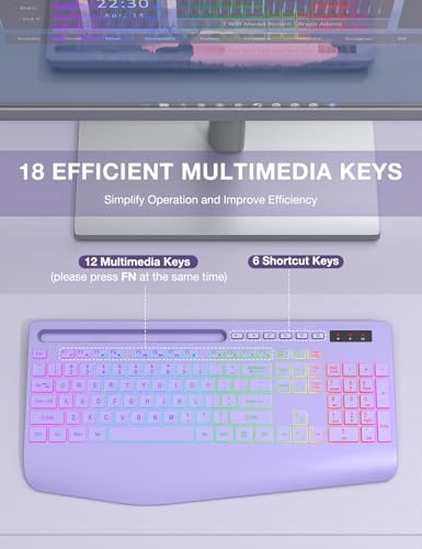 Wireless Keyboard with 9 Effects Backlits, Wrist Rest, Phone Holder, Rechargeable Ergonomic Computer Keyboard with Silent ...