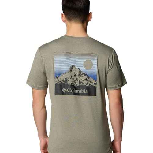 Columbia Men's Kwick Hike Back Graphic Short Sleeve Tee, Stone Green Heather/Linear View Multi, Medium