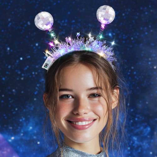 DRESBE Light Up Alien Headband Silver LED Disco Ball Headbands Glow Party Hair Accessories for Women