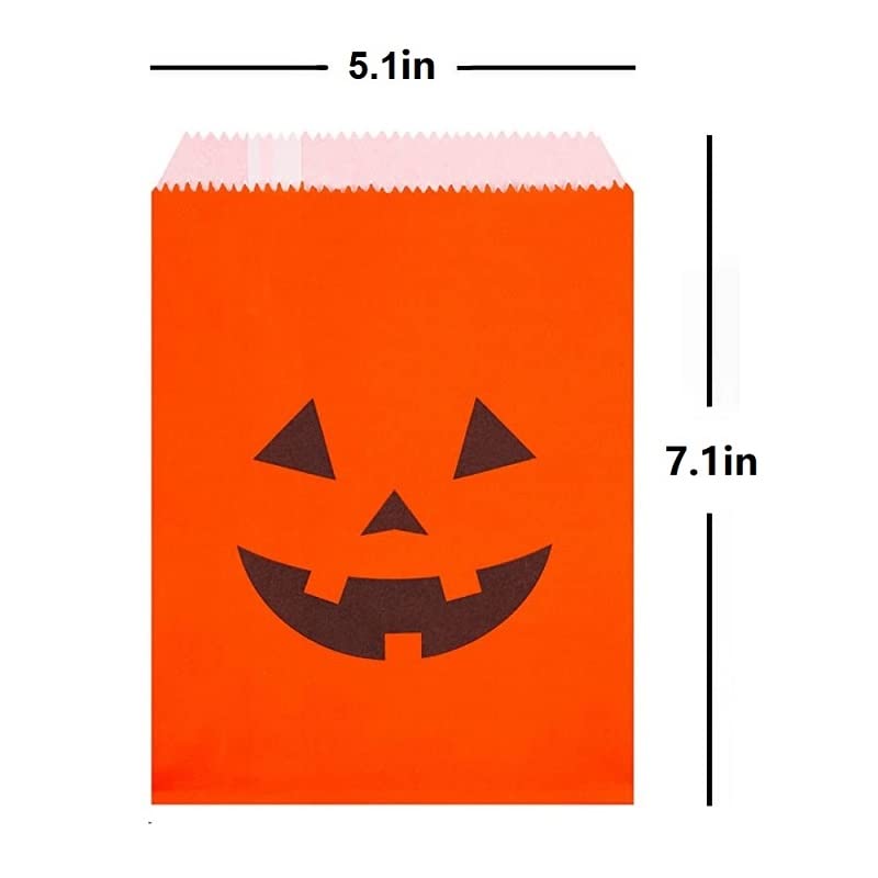 JUTTIRA 100 Pack Kraft Paper Treat Bags 5x7 Halloween Cookie Bags Mini Halloween Candy Buffet Bag Small Pumpkin Trick Or Treat Bags Flat Glassine Style Bag for Candy Cookies Party Favor