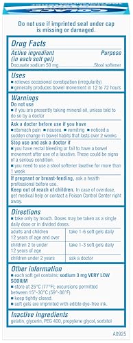 Colace Clear Stool Softener for Gentle Effective Constipation Relief, #1 Doctor Recommended Stool Softener Brand, Dye Free, 50 mg Docusate Capsules, 100 Count