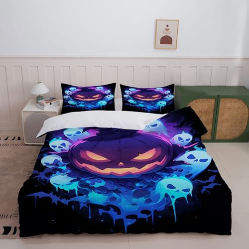 OYUXMAS Spooky Glow-in-The-Dark Pumpkin and Haunted Faces Digital Printed Bedding Set, 1 Duvet Cover and 1 Pillowcases (Without Quilt)