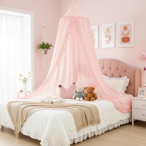 Mengesi Bed Canopy with Pom Pom- Lace Chiffon Canopy Bed Curtains, Ruffles Princess Reading Nook Play Tent for Girls Room...