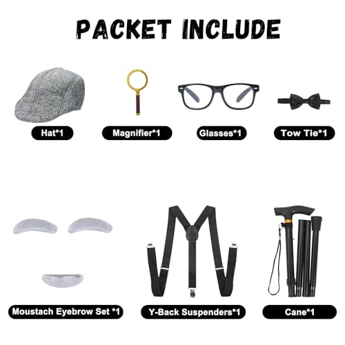 TaikaoQi Old Man Costume for Kids 100 Day of School Costume for Boys – Grandpa Cosplay Accessories with Hat, Glasses, Can...