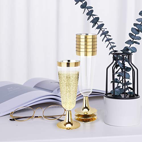 bUCLA 100 Pack Gold Plastic Champagne Flutes - 5OZ Plastic Champagne Glasses With Gold Rim - Premium Quality Gold Disposab...