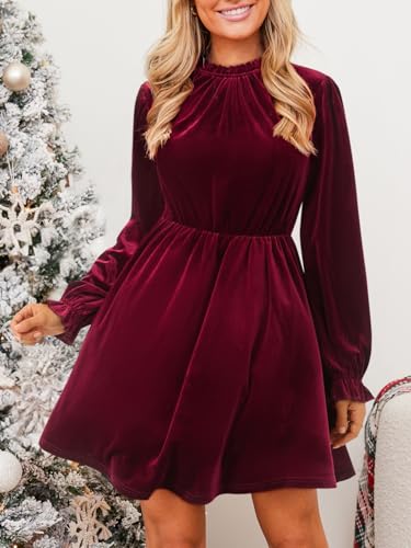 CUPSHE Women's Fall Dresses 2025 High Neck Long Sleeve Mini Party Ruffled Casual Tunic Velvet Wedding Guest Dress