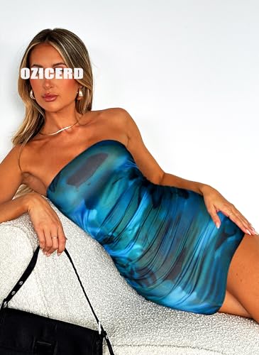 OZICERD Summer Tube Mini Dresses for Women Trendy Y2k Ruched Going Out Club Rave Outfit Bodycon Short Bandeau Dress