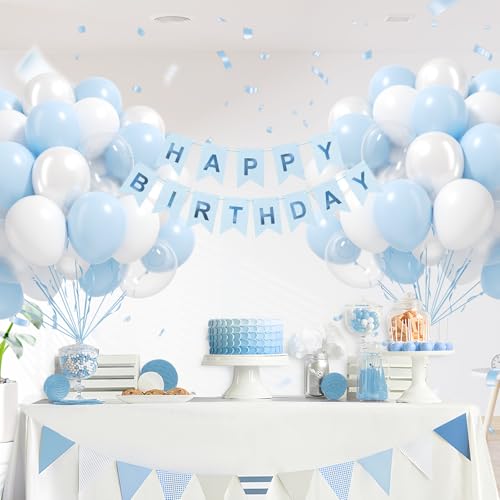 60pcs Blue and White Balloons 12inch, Clear Pearl White Light Blue Balloons for Baby Shower Birthday Party Decorations