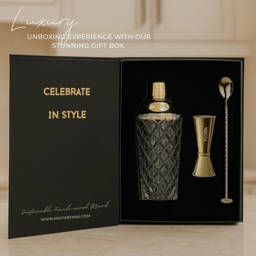 Glass Cocktail Shaker Set - 5 Piece - Gold Martini Shaker Set with Strainer, Jigger, Spoon & Muddler - 16 oz Drink Shakers...