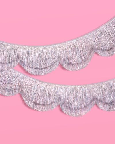 xo, Fetti Silver Iridescent Scalloped Fringe Banner - 6 Ft. | Bachelorette Party Decorations, Birthday Sign, Sparkly Deco...
